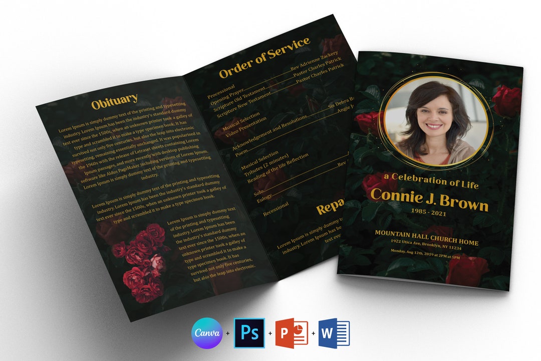 Burgundy Rose Funeral Program Template: Bifold Obituary (canva, Word ...