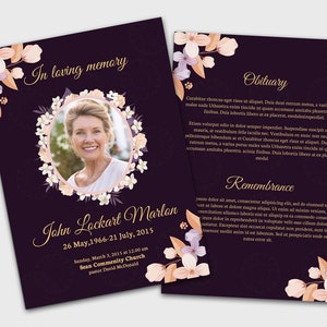 Floral Funeral Memorial Card Template Funeral Program - Etsy