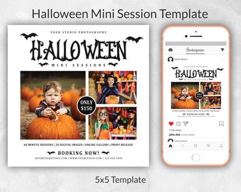 Puede incluir: Plantilla cuadrada de sesión de Halloween con el texto "Halloween Mini Sessions" e imágenes de niños disfrazados con calabazas. La plantilla incluye el texto "Booking Now!" e información de contacto.