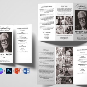 Black and White Trifold Funeral Program Template 11x17 | Funeral Program Template Word | Memorial Program | Obituary | Canva Template