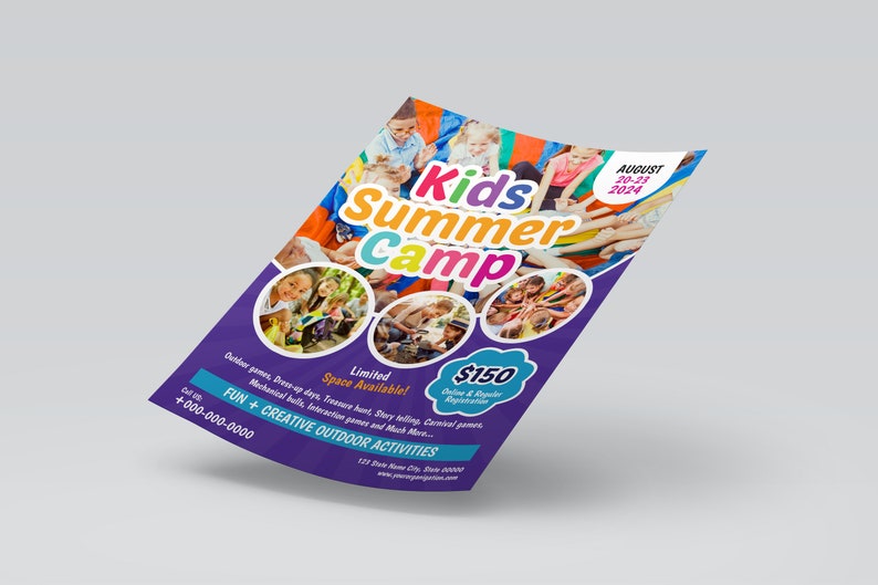 Op de afbeelding: Een paarse flyer die reclame maakt voor een Kids Summer Camp met foto's van kinderen die deelnemen aan buitenactiviteiten. De flyer bevat de data 20-23 augustus 2024, de prijs &euro; 150 en het telefoonnummer +000-000-0000.