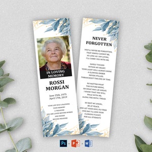 Floral Funeral bookmark Template | Memorial Bookmark, Funeral Keepsake, Funeral Favors, Memorial Card for Remembrance, Printable Bookmark