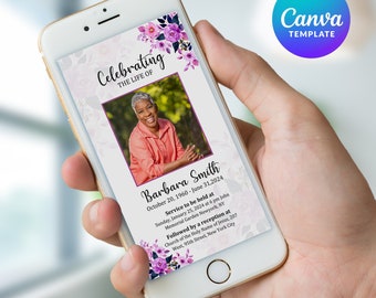 Floral Funeral Memorial Invitation Template: Smartphone Evite (Canva Template)