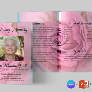 Pink Rose Funeral Program Template | Funeral Program Template Word and PowerPoint | Memorial program | Obituary Program | Canva Template