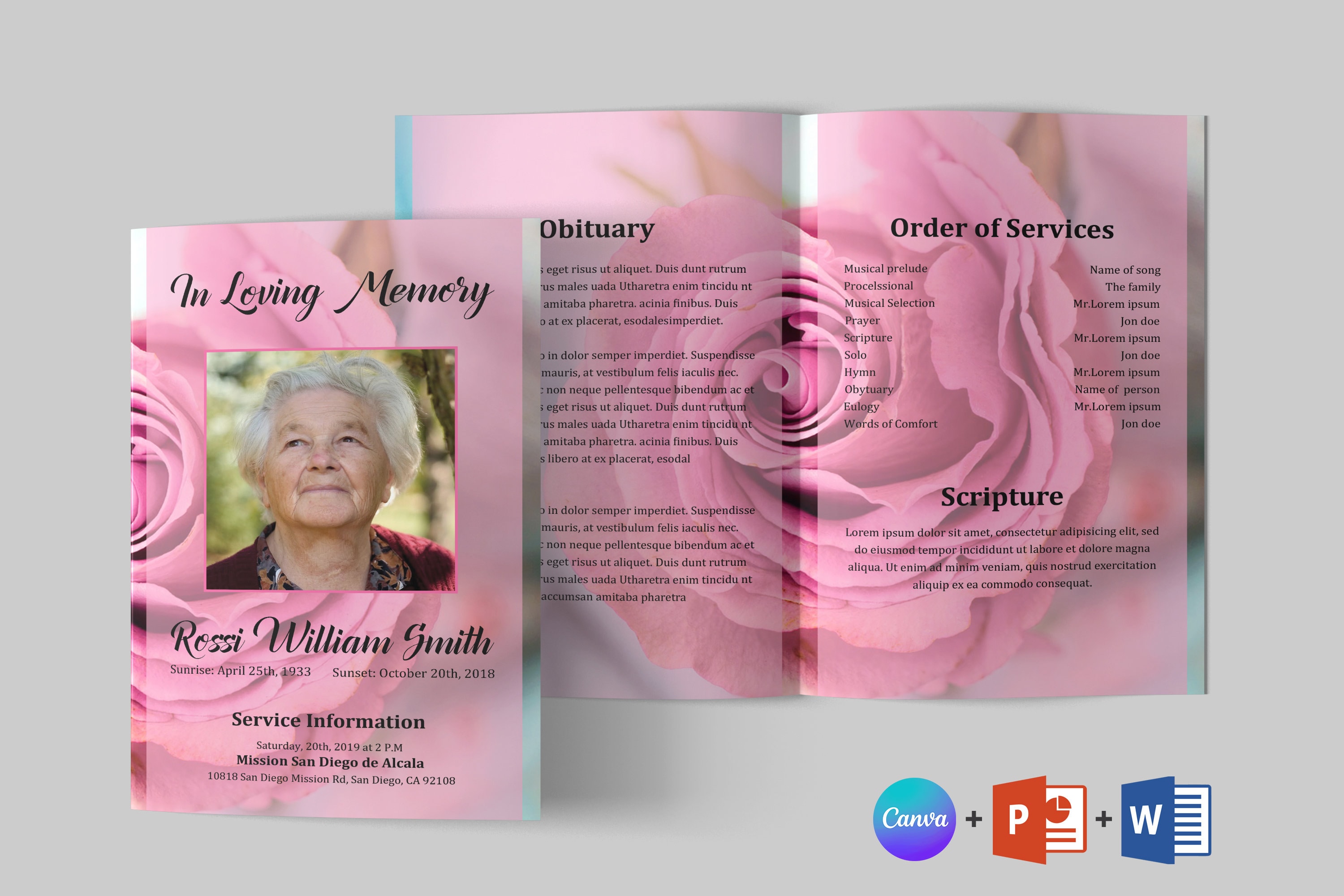 Pink Rose Funeral Program Template: Bifold Memorial (canva, Word ...