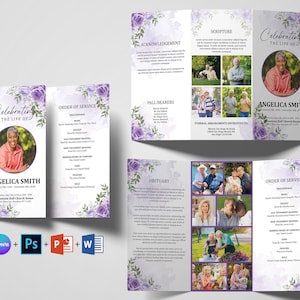 May include: A purple and white funeral order of service with a floral design. The program includes the name "Angelica Smith", the date of birth and death, and the order of service. There are photos of Angelica Smith and other family members.