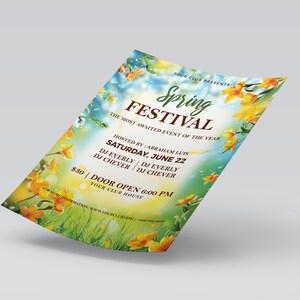May include: A flyer for a Spring Festival hosted by Abraham Lubs. The flyer features a watercolor background with yellow flowers and a blue sky. The text reads "Spring Festival" and "Saturday, June 22". The flyer also includes the names of the DJs performing at the event: DJ Everly and DJ Chever. The event will take place at Your Club House and the doors open at 6:00 PM.