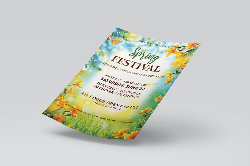 May include: A flyer for a Spring Festival hosted by Abraham Lubs. The flyer features a watercolor background with yellow flowers and a blue sky. The text reads "Spring Festival" and "Saturday, June 22". The flyer also includes the names of the DJs performing at the event: DJ Everly and DJ Chever. The event will take place at Your Club House and the doors open at 6:00 PM.