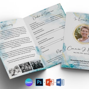 Modelo de programa funerário em ouro turquesa: memorial bifold (Canva, Word, PSD)