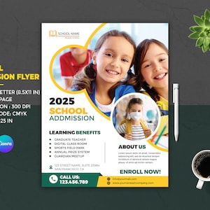 Szablon ulotki przyjęcia do szkoły | Ulotka promocyjna przedszkola dla dzieci | Ulotka szkolna | Ulotka szkolna dla dzieci | Photoshop i Canva