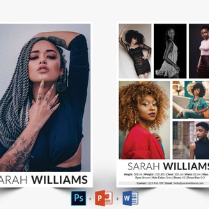 May include: A model portfolio featuring a woman with gray braids and tattoos. The portfolio includes a headshot and several full-body photos. The text on the portfolio reads "SARAH WILLIAMS" and includes her height, weight, chest, waist, hips, eye color, hair color, shoe size, dress size, contact information, and email address.