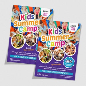 Op de afbeelding: Een flyer voor een zomerkamp voor kinderen met een paarse achtergrond en kleurrijke tekst. De flyer toont foto's van kinderen die buiten spelen en bevat de tekst "Kids Summer Camp", "Augustus 20-23, 2024", "Beperkte plaatsen beschikbaar!" en "Plezier + Creatieve buitenactiviteiten".