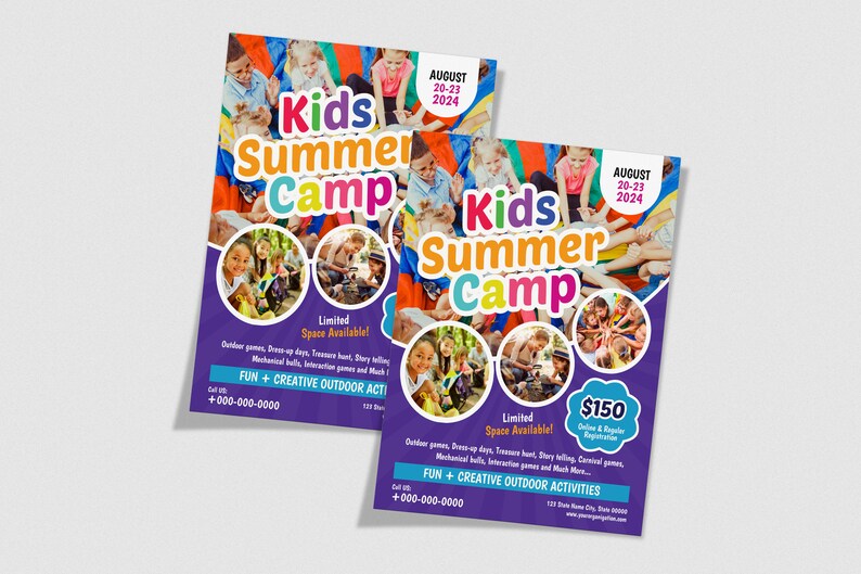 Op de afbeelding: Een flyer voor een zomerkamp voor kinderen met een paarse achtergrond en kleurrijke tekst. De flyer toont foto's van kinderen die buiten spelen en bevat de tekst "Kids Summer Camp", "Augustus 20-23, 2024", "Beperkte plaatsen beschikbaar!" en "Plezier + Creatieve buitenactiviteiten".