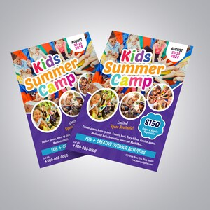 Op de afbeelding: Een paarse flyer met een kleurrijk ontwerp die reclame maakt voor een Kids Summer Camp. De flyer bevat foto's van kinderen die buiten spelen en bevat de data 20-23 augustus 2024, de prijs van $150 en de tekst "Fun + Creative Outdoor Activities".