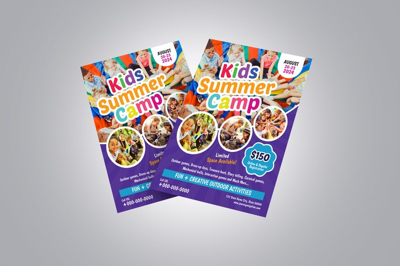 Op de afbeelding: Een paarse flyer met een kleurrijk ontwerp die reclame maakt voor een Kids Summer Camp. De flyer bevat foto's van kinderen die buiten spelen en bevat de data 20-23 augustus 2024, de prijs van $150 en de tekst "Fun + Creative Outdoor Activities".