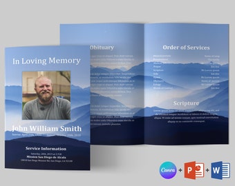 Op de afbeelding: Een blauw en wit rouwprogramma met een foto van een man en de tekst "In Loving Memory John William Smith Sunrise: April 25th, 1973 Sunset: October 20th, 2018 Service Information Saturday, 20th, 2019 at 2 PM Mission San Diego de Alcala 2308 San Diego Mission Rd, San Diego, CA 92110"