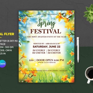May include: A flyer for a Spring Festival event hosted by Abraham Luis. The flyer features a colorful floral design with yellow flowers and green leaves. The event will take place on Saturday, June 22nd and will feature DJs Everly and Chever. The event will be held at Your Club House and doors open at 6:00 PM.