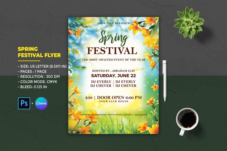 May include: A flyer for a Spring Festival event hosted by Abraham Luis. The flyer features a colorful floral design with yellow flowers and green leaves. The event will take place on Saturday, June 22nd and will feature DJs Everly and Chever. The event will be held at Your Club House and doors open at 6:00 PM.