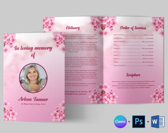 Szablon programu pogrzebowego z motywem kwiatowym: Dwuskrzydłowy pomnik (Canva, Word, Photoshop)