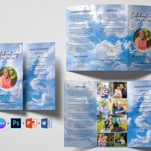 May include: A funeral program template with a blue sky and white clouds background. The program includes sections for an acknowledgement, scripture, pallbearers, obituary, and order of service. The program also features a photo of the deceased and the text "Celebrating the Life of Rossi Marlin".