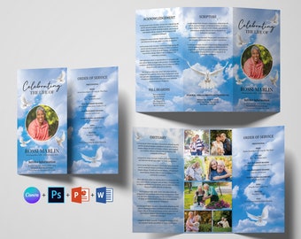 Blue Sky White Dove Trifold Funeral Program Template 11x17 | Funeral Program Template Word | Memorial Program  | Obituary | Canva Template