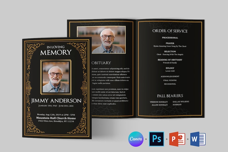 Black Gold Funeral Program Template Funeral Program Template Etsy