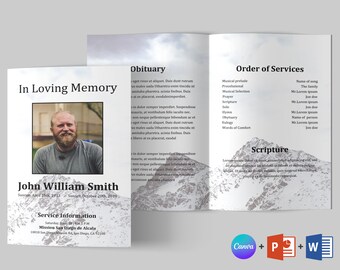 Op de afbeelding: Een zwart-wit rouwprogramma met een foto van een man en een berglandschap op de achtergrond. Het programma bevat de naam John William Smith, geboortedatum en overlijdensdatum, informatie over de dienst en een overlijdensbericht.