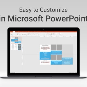 May include: A laptop screen displaying a Microsoft PowerPoint presentation with a blue and gray tri-fold brochure template. The brochure has placeholders for photos and text. The text on the brochure reads "JOHN SMITH". The title of the presentation reads "Easy to Customize in Microsoft PowerPoint".