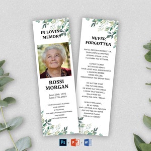 Greenery Funeral bookmark Template | Memorial Bookmark, Funeral Keepsake, Funeral Favors, Memorial Card for Remembrance, Printable Bookmark