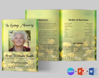 Szablon programu pogrzebowego z żółtymi kwiatami: składany nekrolog do druku (Canva, Word, PSD)