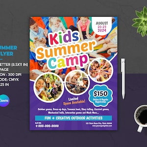 Volantino del campo estivo per bambini / Volantino del festival del campo per bambini per bambini / Volantino del club delle attività estive per bambini / Volantino dell'evento estivo / Photoshop e Canva