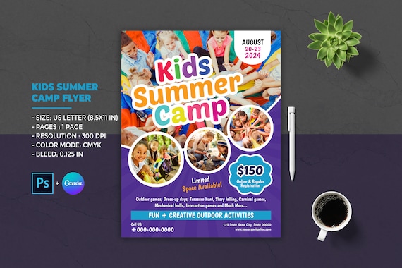 Kids Summer Camp Flyer Template: Photoshop & Canva (8.5x11 IN)