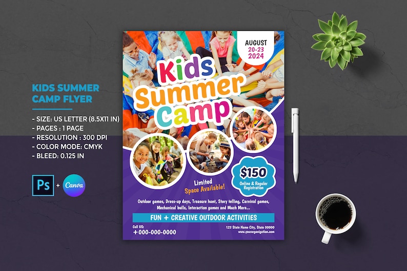 Op de afbeelding: Een paarse flyer die een zomerkamp voor kinderen adverteert. De flyer toont de tekst "Kids Summer Camp" in grote, kleurrijke letters en bevat informatie over buitenactiviteiten, spelletjes en een prijs van &euro; 150. De flyer geeft ook de data van 20 tot en met 23 augustus 2024 aan.