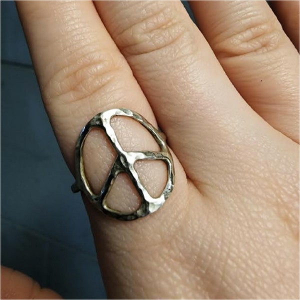 Sterling Silver peace sign with hammered texture ring are handmade by Old Hippie Dave 925 sterling silver made any size great Christmas gift