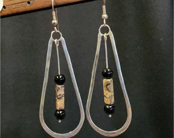 sterling silver and leopard jasper and onyx earrings handmade by Old Hippie Dave 925 sterling silver