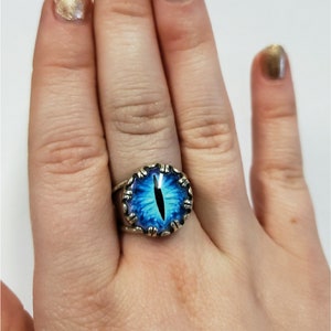 Silver and blue 14mm glass dragon eye ring is handmade by Old Hippie Dave 925 sterling silver great christmas gift free shipping