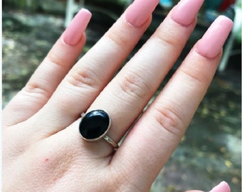 Sterling Silver medium black stone stacking ring is handmade by Old Hippie Dave 925 solid sterling silver christmas gift