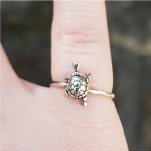 May include: A silver-colored ring featuring a detailed turtle design. The turtle has a textured shell and is positioned on a thin band. The ring is shown on a finger, with a blurred background.