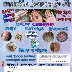 K&ouml;nnte beinhalten: Old Hippie Dave Schmuck, handgefertigt aus Sterlingsilber, mit Ringen, Ohrringen und Armb&auml;ndern. Das Bild zeigt eine Auswahl an Ringen, darunter Stimmungsringe, farbige Ringe und Friedenszeichenringe. Der Text "Find Me On etsy.com" ist ebenfalls sichtbar.
