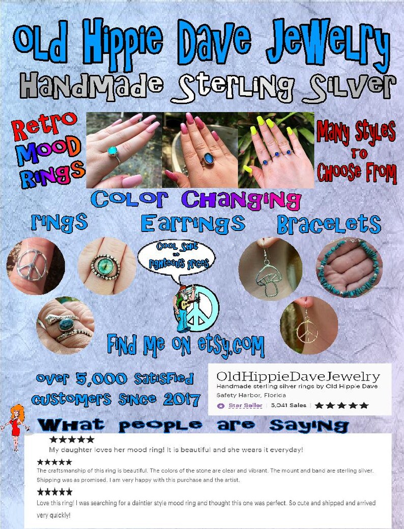 K&ouml;nnte beinhalten: Old Hippie Dave Schmuck, handgefertigt aus Sterlingsilber, mit Ringen, Ohrringen und Armb&auml;ndern. Das Bild zeigt eine Auswahl an Ringen, darunter Stimmungsringe, farbige Ringe und Friedenszeichenringe. Der Text "Find Me On etsy.com" ist ebenfalls sichtbar.