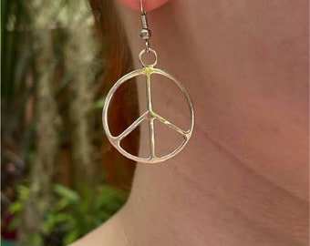 sterling silver large peace sign earrings handmade by Old Hippie Dave 925 sterling silver