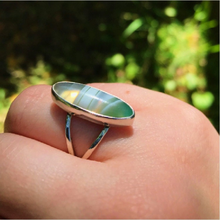 Silver Green Banded Agate Ring is One of a Kind and is