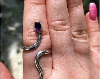 Silver gem stone snake ring handmade by Old Hippie Dave 925 sterling silver 4 x 6mm oval amethyst, blue agate, or tiger eye stone