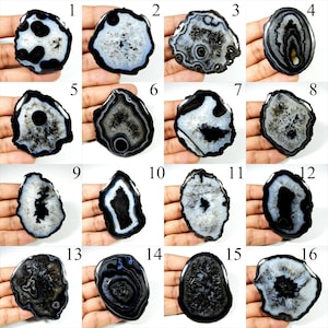 May include: Sixteen polished agate slices, each with unique patterns of black, white, and gray. The natural stones vary in shape and size, showcasing concentric bands and crystal formations. The slices are held in a hand for display.