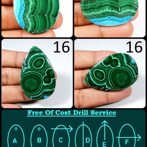 May include: Two green and blue malachite cabochons, one oval and one teardrop shaped, with a free drill service option. Choose from six different drill styles labeled A through F.