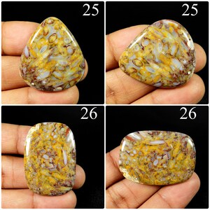 May include: A collection of four polished cabochon gemstones featuring a complex pattern of yellow, white, and reddish-brown inclusions. The stones are displayed in two distinct shapes, labelled 25 and 26, showcasing a smooth, glossy surface.
