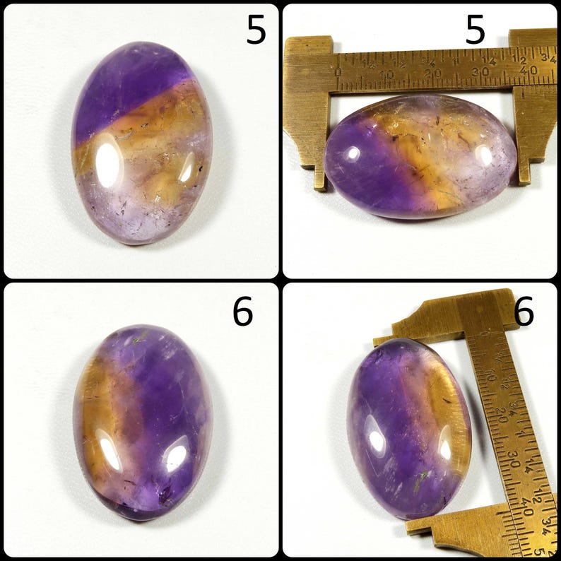 May include: An oval-shaped gemstone with a polished surface. The stone features a blend of purple, gold, and amber hues. The gemstone is approximately 1.5 inches long. The stone is displayed in multiple views.