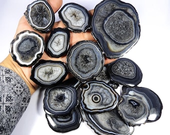 Natural Black Slice Druzy Agate Cabochon Geode Gemstone Loose.