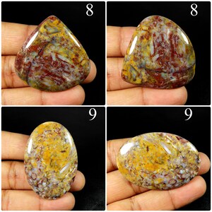 May include: Four polished cabochons featuring intricate patterns of deep red, golden yellow, and translucent white swirls. Two pieces are teardrop-shaped labelled 8, and two are oval-shaped labelled 9, all displaying a smooth, glossy finish.