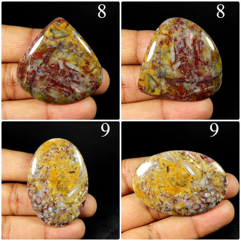 May include: Four polished cabochons featuring intricate patterns of deep red, golden yellow, and translucent white swirls. Two pieces are teardrop-shaped labelled 8, and two are oval-shaped labelled 9, all displaying a smooth, glossy finish.